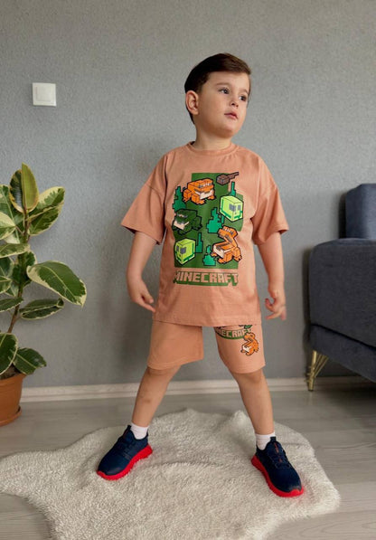 Minecraft Baskılı Erkek Çocuk Şort Tişört Takım Pamuklu Alt Üst Yazlık Set Turuncu