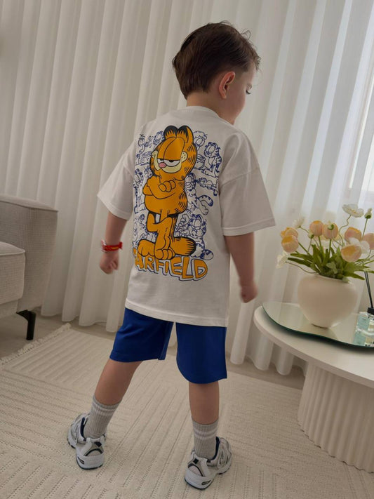 Garfield Baskılı Erkek Çocuk Şort Tişört Takım Pamuklu Oversize Yazlık Alt Üst Günlük Set