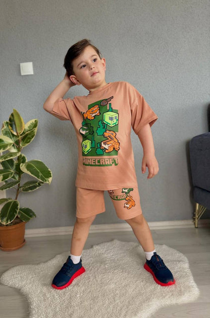 Minecraft Baskılı Erkek Çocuk Şort Tişört Takım Pamuklu Alt Üst Yazlık Set Turuncu
